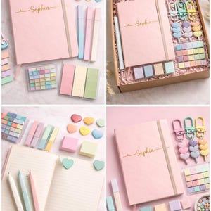 Puede incluir: Un conjunto de artículos de papelería rosas, que incluyen un cuaderno con el nombre "Sophia" en escritura dorada, rotuladores, notas adhesivas y gomas de borrar en forma de corazón. Los artículos están dispuestos en una caja de regalo y sobre una superficie rosa.
