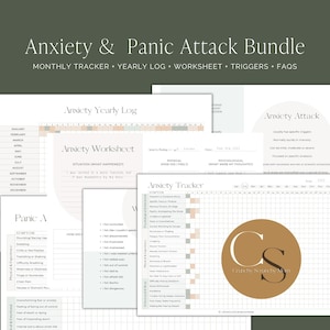 May include: A bundle of printable worksheets and trackers designed to help manage anxiety and panic attacks. Includes a monthly tracker, yearly log, worksheet, and information on triggers and FAQs. The design is minimalist with a neutral colour palette.