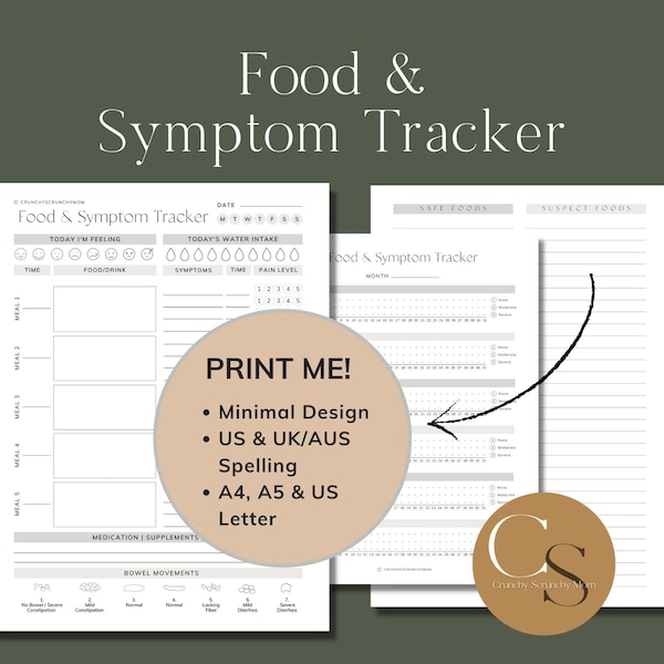 Registro imprimible de alimentos y síntomas / Diario digital de sensibilidad alimentaria, intolerancia, alergia y síndrome del intestino irritable (SII), alimentación consciente y seguimiento de evacuaciones intestinales (PDF)
