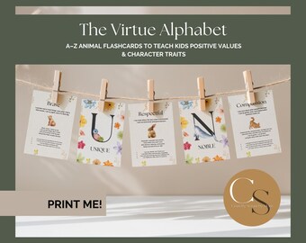 美徳のアルファベット | 子供向けの印刷可能な性格形成カード | 肯定的な価値観と肯定の言葉 | A～Zの動物フラッシュカード
