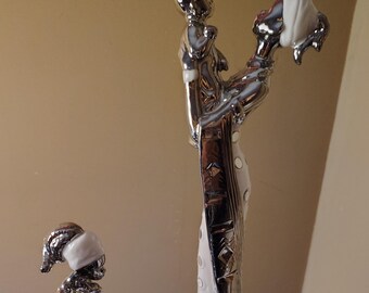 The Mother and the Thinker ceramic art deco figurines. White and mirrored. Statue. Art. Woman and child.