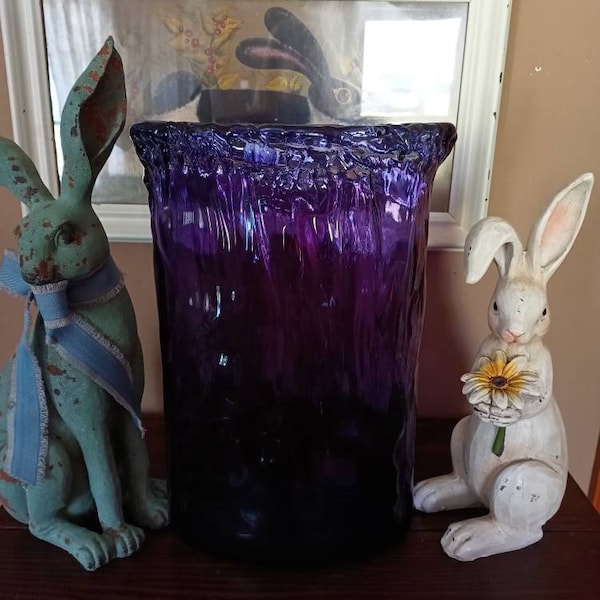 Amethyst glass vase Purple Large tall oval rippled effect Flower holder container floral Violets irises passionflower bellflower goth gothic