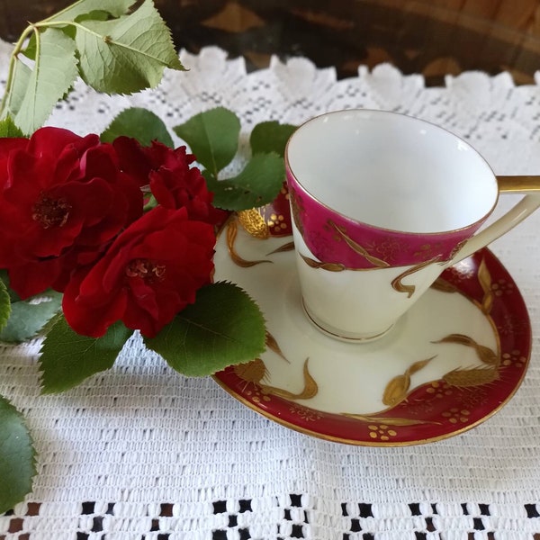 GOLD LEAF CRANBERRY Cup and Saucer Asian made. Gold. cream and dark red. Tea party. Demitasse Espresso. Oolong English breakfast. Jasmine