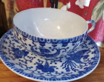 Antique PHOENIX teacup and saucer. Asian colbalt blue on white print. Tribal Chinoiserie Japanese. Phoenix Ware. 1920-1940 era.