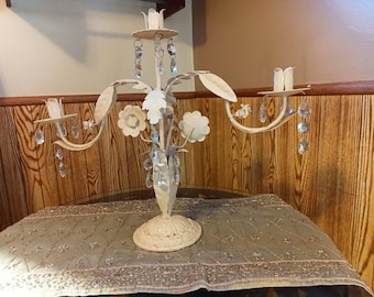 SHABBY CHIC metal candelabra with crystals. French cottage style. Floral embellishments. A real beauty! Charming and romantic.