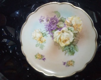 BARVARIAN Stamped hand painted yellow roses and violets plate with gold leaf edging. Collectible. A real beauty!