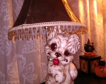PUPPY LAMP vintage ceramic Very Good Condition lampshade included 19 inches tall total dog pet cute standing beggar love lighting home store