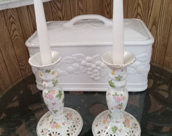 SHABBY CHIC cottage. Pair of floral candlesticks. Cottagecore. French country. English cottage. Lovely and feminine. Excellent condition.