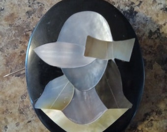 Mother of Pearl Vintage Brooch. Classy wardrobe pin. New Orleans estate. Art Deco. Black and white. Noir jewelry. Sunday dress accessory. .