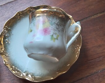 GILDED GOLD cup and saucer set of two scalloped edges gold pink green mothers day gift for mom woman lady white yellow tea  Victorian shabby