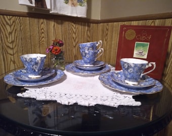 ROYAL STANDARD TEA set bone china and A Cup of Christmas Tea Book by Tom Hegg Blue gray white cups saucers dessert plates gold rim roses