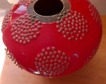 Asian Vase. Burnt Orange Glaze over pottery. Vibrant. Hobnail effect. 7 inches tall, 24 inch circumference, 7 inches across. Philippines