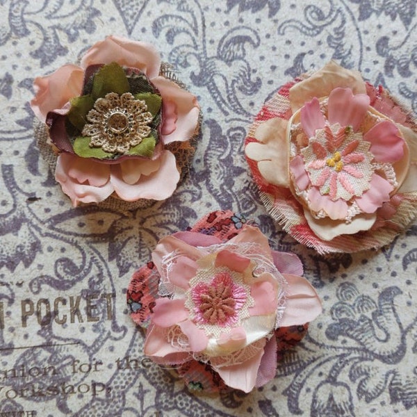 Tattered flowers. Handmade floral embellishment. Faux silk, lace, fabric. Layered flowers.