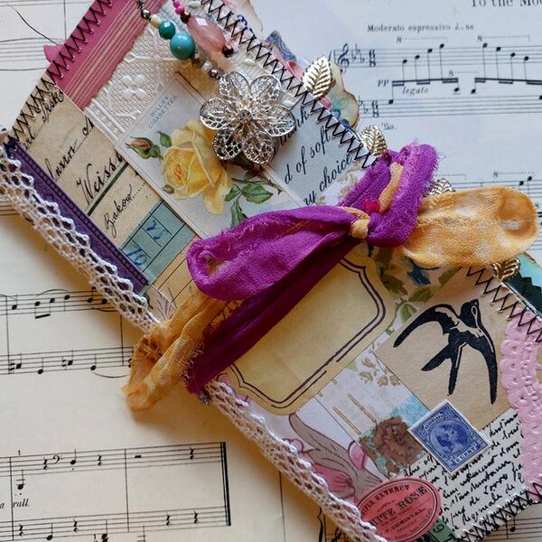 Eclectic boho style journal. Handmade junk journal. Chunky pretty journal.