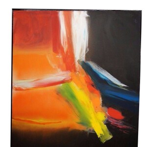 May include: Abstract painting with bold strokes of orange, yellow, green, blue, and red on a black background.