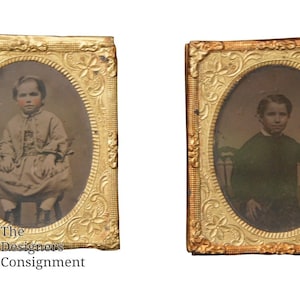 2 Antique Tintype Photograph Picture Portrait Children Boy Girl Blush Ambrotype