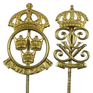 2 Antique Sporrongs Sweden Stick Pins Hat Pin Brass 1938 Triple Crown