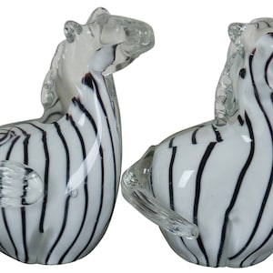 Pair of 2 Hand Blown Art Glass Striped Zebra Paperweight Figurines 4"