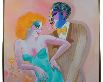 1986 Lets Fall in Love by Earl Linderman b.1931 Art Deco Style Oil Painting 49"