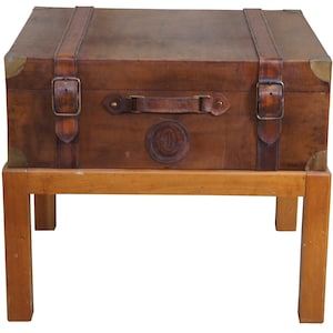 1994 Leather Steamer Trunk Coffee Side Table on Pine Stand Side Accent 25&quot;
