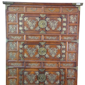 Antique Korean Elm Brass Bound Bandaji Nong Tansu Scholars Chest Wedding Cabinet