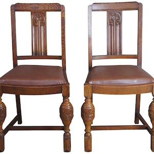 2 Antique Jacob Summer & Sons Elizabethan Jacobean English Oak Dining Side Chairs
