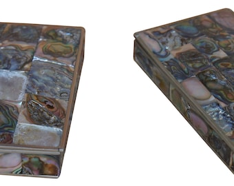 2 Vintage 1960s Mexican Abalone Shell Alpaca Silver Cigarette Trinket Boxes 5"