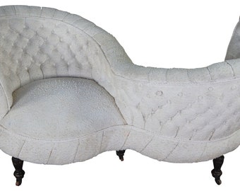 Antique Victorian Tufted Tete A Tete Parlor Conversation Bench Arm Chair 62"