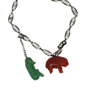 Sterling Silver Charm Bracelet Bakelite Monkey Elephant Charms Green Red