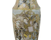 Antique Japanese Satsuma Enameled Ceramic Vase 6 in Tall Gold Yellow Blue Glaze