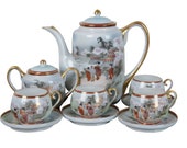 12 Pc Japanese Handpainted Porcelain Tea Set Satsuma Moriage Geisha Scene
