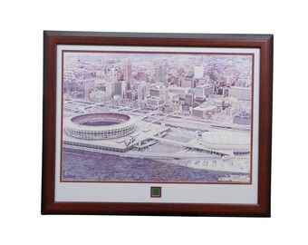 Steve Ford Signed Riverfront Stadium Cincinnati Reds Bengals Lithograph 33"