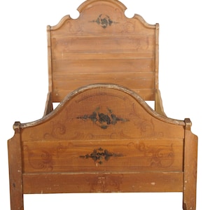 Antique Victorian Floral Painted Pine Full Size Paneled Highback Bed Frame