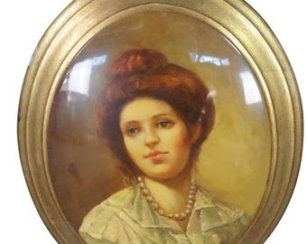 Lacquered Oval Oil Portrait Painting Young Redhead Girl with Pearls 13"