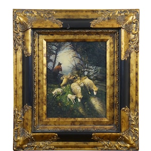 Vintage Shepherd with Sheep Realist Forest Landscape Oil Painting Painting 18&quot;