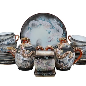 21 Pc Japanese Satsuma Moriage Dragonware Lithopane Geisha Coffee Tea Set