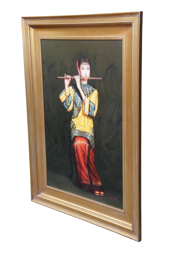 Chinese Woman Playing Bamboo Flute Oil Painting on Canvas After
