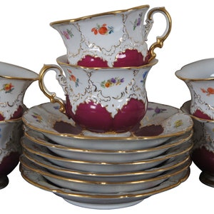 12 Pc Antique Meissen B-Form Teacups & Saucers Floral Crossed Sword Tea Set B154