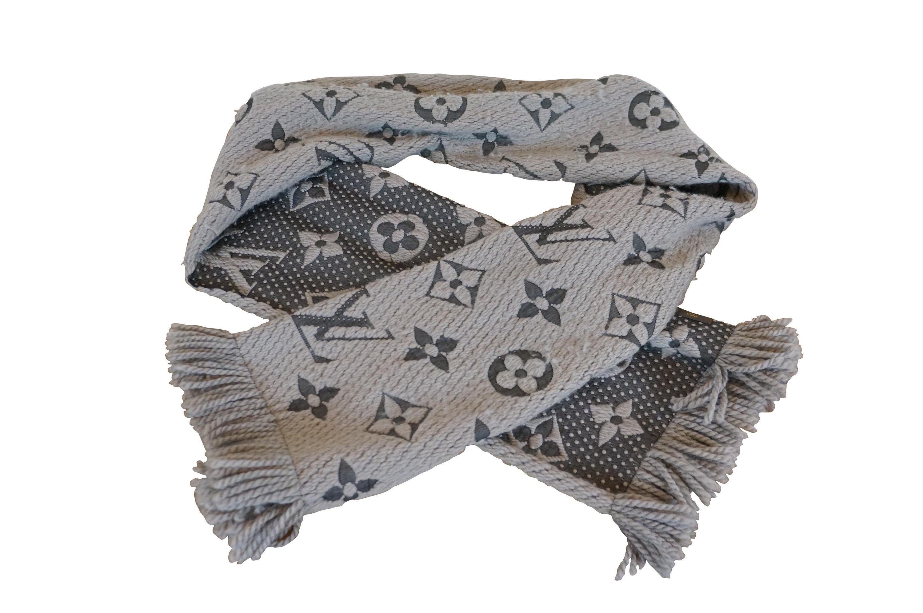 Louis Vuitton LV Logomania Monogram Gray Wool Silk Scarf Shawl