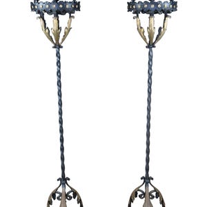 Monumental Antique Spanish Revival Gothic Twisted Iron Torchiere Floor Lamps 96&quot;