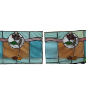 2 Antique Victorian Art Nouveau Leaded Stained Glass Rose Window Panel Framed