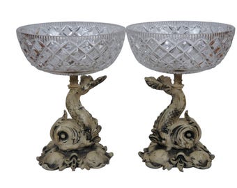 Mid Century Cut Crystal & Metal Delphin Dolphin Centerpiece Compote Bowls 10"