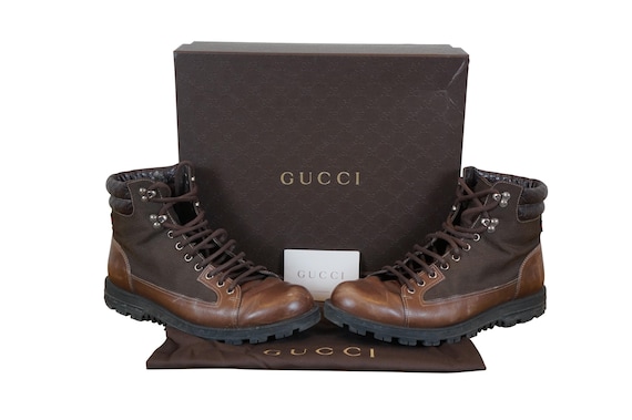 Gucci Men’s Brown Leather Lace-Up Hiking Boots with Black Laces Gucci Leather Lace up Hiking Boots Brown Cocoa Mens US  main image 2