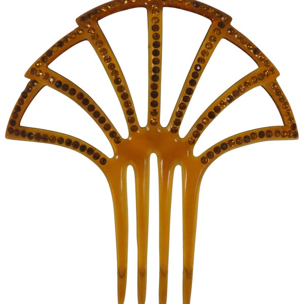 Antique Art Deco Amber Celluloid Mantilla Pierced Fan Hair Comb w Rhinestones 5"