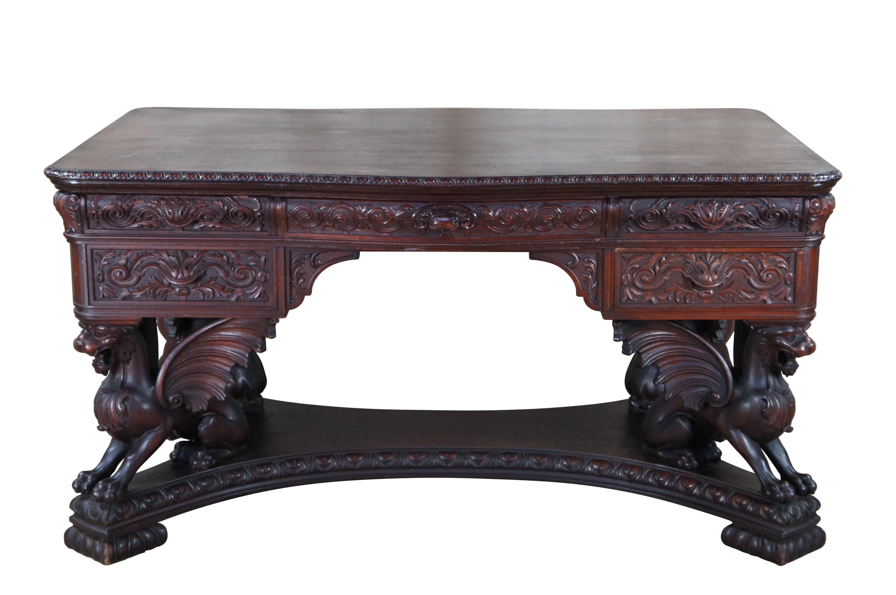 Antique RJ Horner Figural Carved Mahogany Griffin Library Table