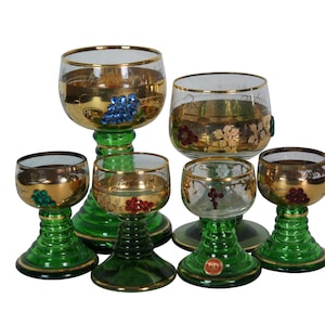 6 German Roemer Beehive Green Glass Schnapps Bar Wine Glasses Goblets