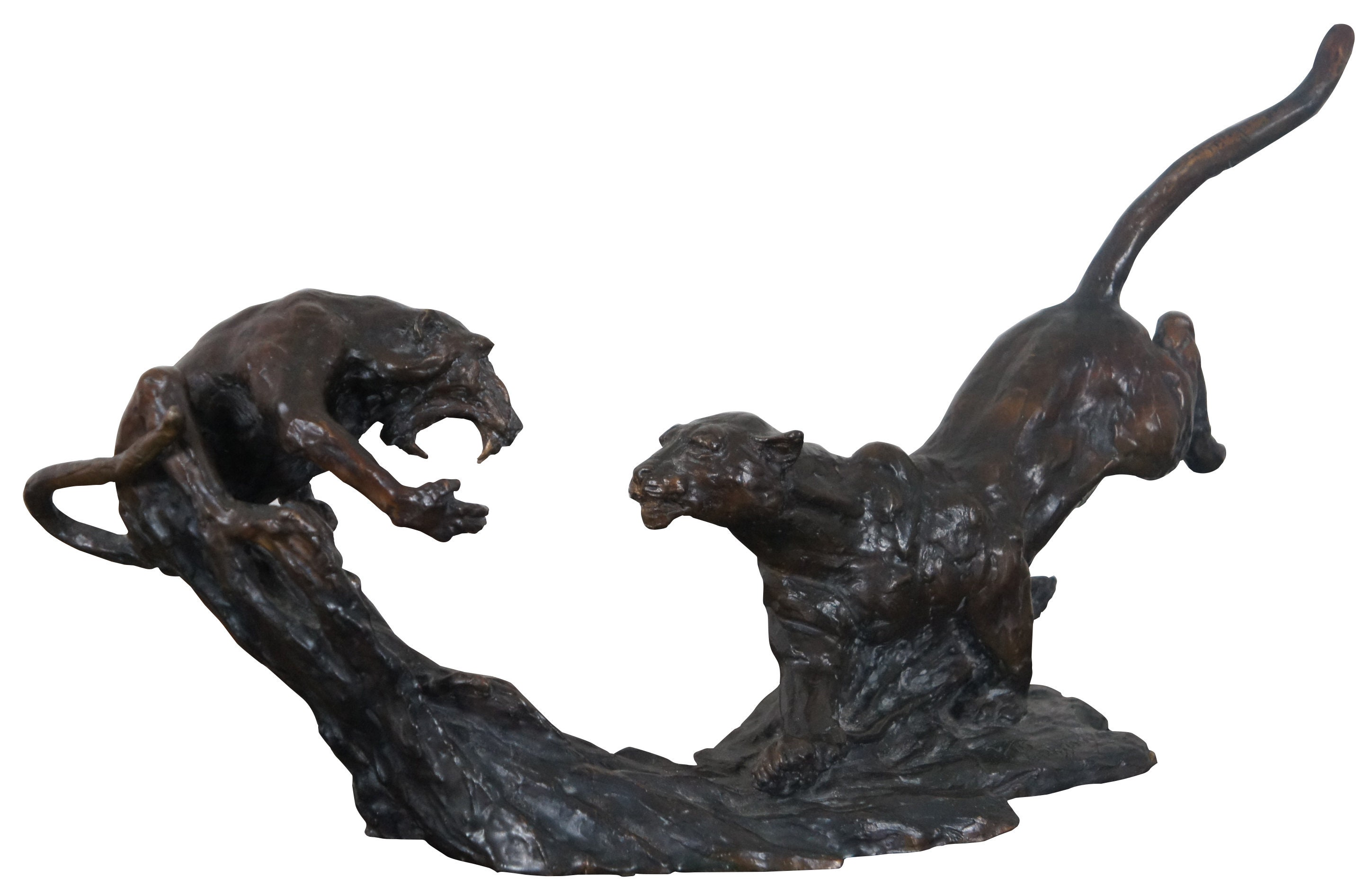 Barry Jackson Cast Bronze Baboon Leopard Fighting Sculpture Big Cat Monkey 16"