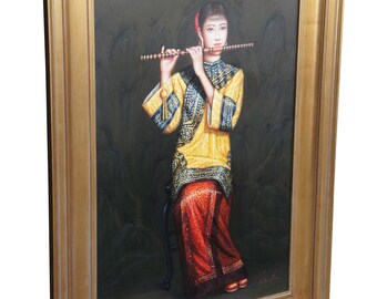 Chinese Woman Playing Bamboo Flute Oil Painting on Canvas After