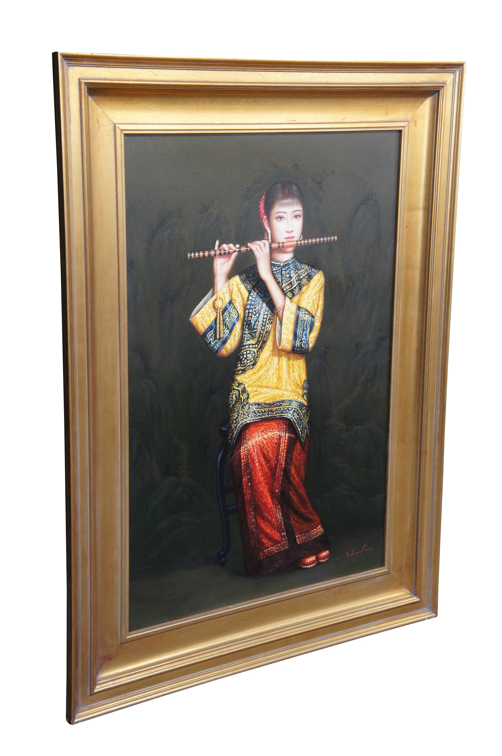 Chinese Woman Playing Bamboo Flute Oil Painting on Canvas After