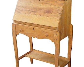 Antique Victorian Petite Oak Mirrored Slant Top Secretary Ladies Writing Desk